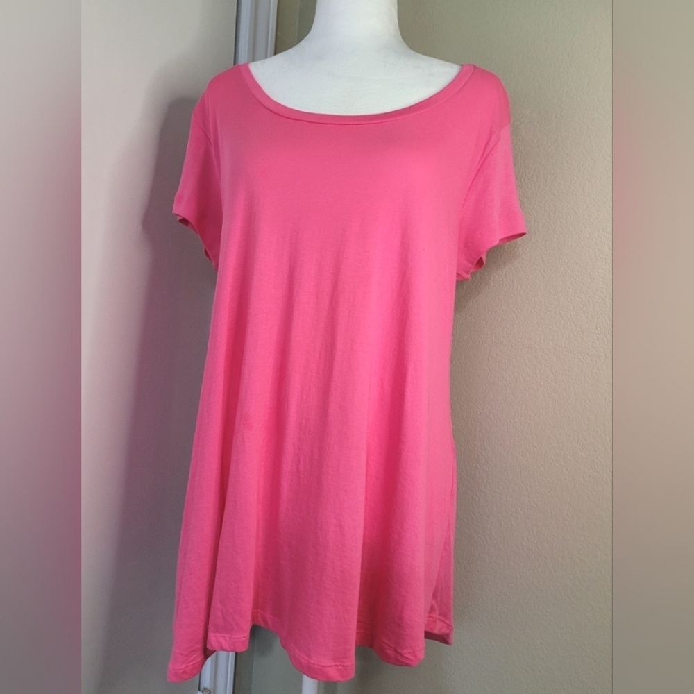 OSO Casual Knit Cotton Short Sleeve Lace-up Back Trapeze Top, Size Large